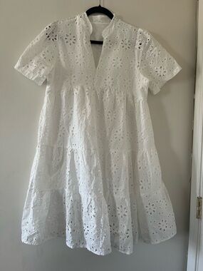White Eyelet Mini Dress Tiered Cotton Babydoll Short Sleeve Dress XL Cottagecore
